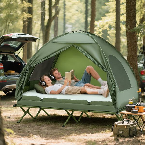 4-in-1 Elevated Tent Cot for 2 — Air Mattress, Cover & Pump Included