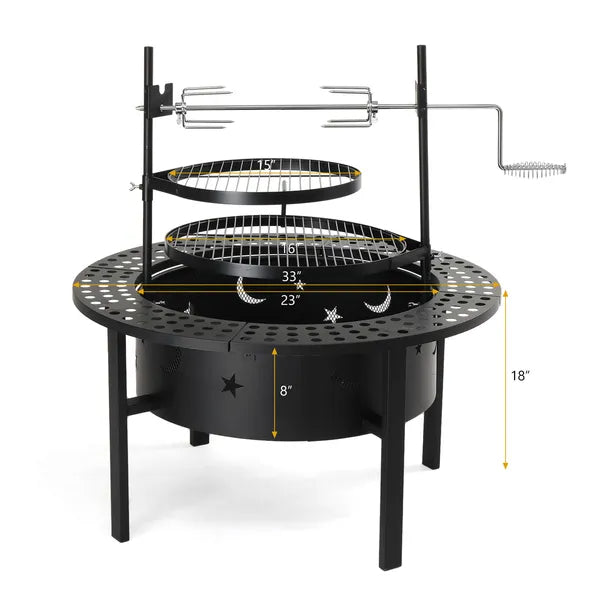 33 inch wood-burning fire pit with two swivel cooking grills lit at dusk