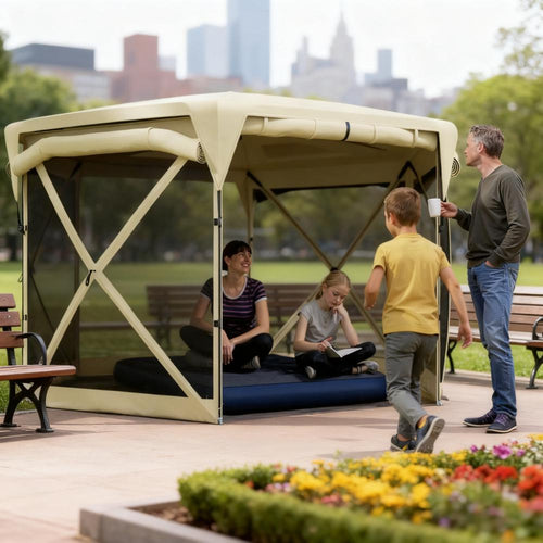 11 by 11 foot beige pop-up canopy tent set up in a garden